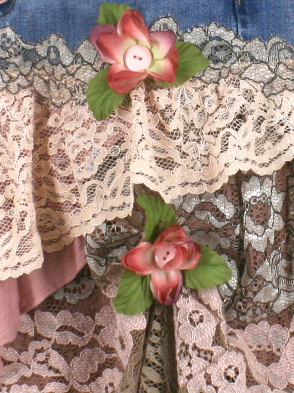 HAND CRAFTED Skirt Denim Blue Jean Upcycled Lace Floral Ruffle Midi Pink 10 - Picture 3 of 15